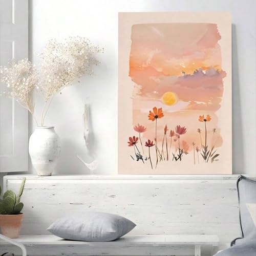 Impression sur toile fleurs sauvages et coucher de soleil sous cadre 60x90 cm