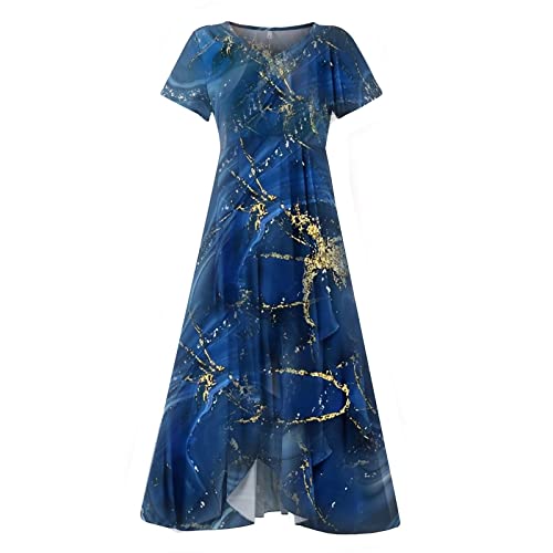 Yutanral Dresses For Women 2023 Wedding Guest Party Casual Elegant Plus Size Summer Dresses Womens Spring Fashion Boho Print Short Sleeve V Neck Flowy Midi Dress Beach Outfits(L Dark Blue,Large) #TOP4