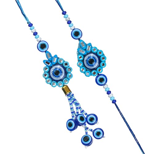 Image of eCraftIndia Evil Eye Designer Bhaiya Bhabhi Rakhis with Best Bro Ever Fridge Magnet | Set of 2 Rakhi for Brother and Bhabhi | Lumba Rakhi | Roli Chawal Pack