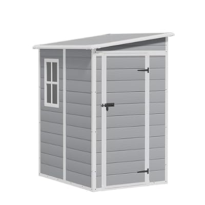 Greesum 5x4FT Plastic Outdoor Storage Shed, Resin Shed with Floor and Window, Tool Sheds with Lockable Door and Vent, for Garden, Garage, Lawn, Backyard, Light Gray