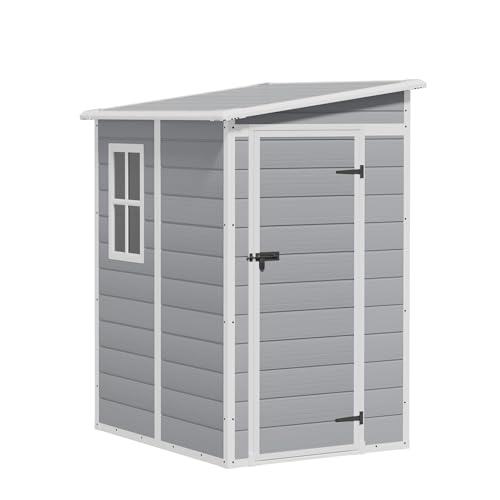 Image of Greesum 5x4FT Plastic Outdoor Storage Shed, Resin Shed with Floor and Window, Tool Sheds with Lockable Door and Vent, for Garden, Garage, Lawn, Backyard, Light Gray