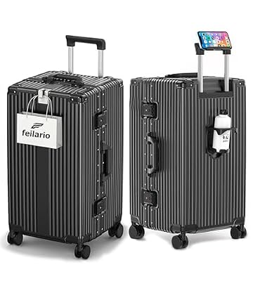 feilario 29in Super Large Captain Aluminum Frame Hardside Spinner Wheels Luggage, Removable Wheels Zipperless Checked Suitcase with Cup Holder/Phone Holder (Jet Black,29in)