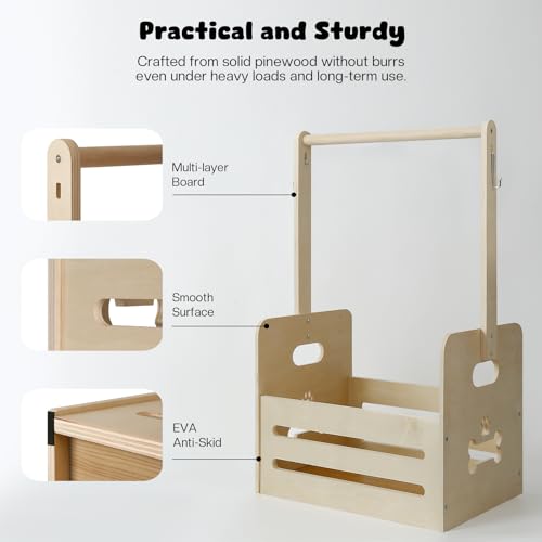 35L Wooden Dog Storage Organizer, Dog Toy Bin with Hanging Rods, 27"x16"x11" Pet Wardrobe Closet with 2 Metal Hooks, Pet Clothes Rack for Dogs Organization and Storage, Dogs Closet for Accessories - Image 5