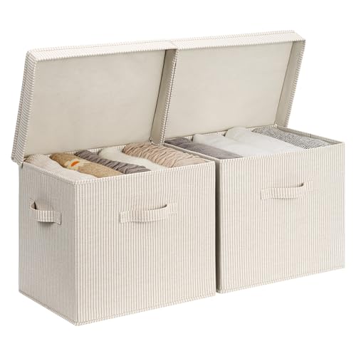 Image of StorageWorks Storage Bins with Lid, Decorative Fabric Storage Bins with Handles, Stackable Closet Organizers for Shelves and Bedroom, Large, Khaki and Beige Stripes, 2-Pack