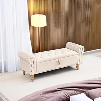Furniliving 51” Storage Benches, End of Bed Bench with Button-Tufted Large Upholstered Storage Ottoman Linen Window Bench with Storage Shoe Cabinet Bench, for Bedroom, Entryway, Closet, Beige
