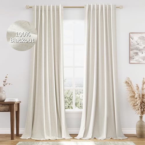 Guken Cream 100% Blackout Linen Curtains 90 Inch Length 2 Panels Set for Living Room Bedroom Back Tab Thermal Insulated Black Out Drapes Room Darkening Farmhouse Style Window Curtains 52x90
