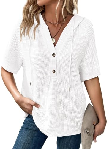 Sthxyfaith Summer Tops for Women 2025 Short Sleeve Waffle Knit T-Shirts Drawstring Hoodie Button V Neck Blouses Dressy Casual Lightweight Soft Knitted Cute Ladies Top and Blouse White Large