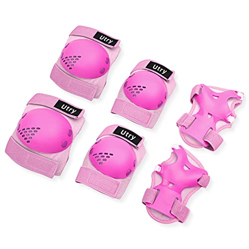 Utry Knieschützer Kinder/Teenager,6 in 1 Ellenbogenschoner Handgelenkschoner Schützer Set,Verstellbar Knieschoner Ellenbogenschützer Handgelenkschoner für Inliner Skaten Roller Skateboard (Rosa, M) Cover