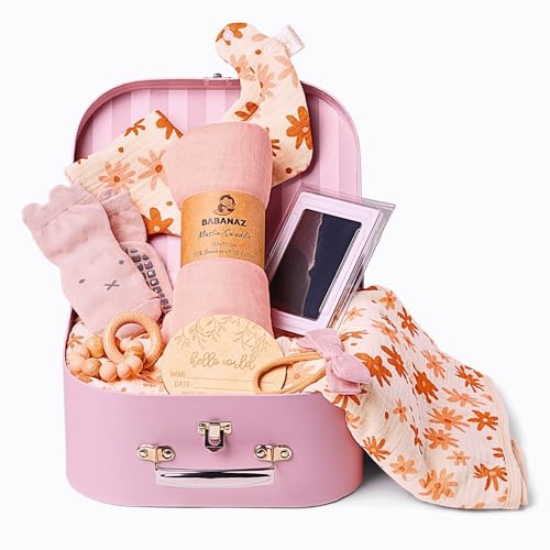 Image of Baby Gift Set Girl - Unique Baby Shower Gifts & Newborn Essentials: Teether Toy, Blanket, Muslin Swaddle, Birth Record, Print Kit, Nemo Socks, Hair Bow, Pink
