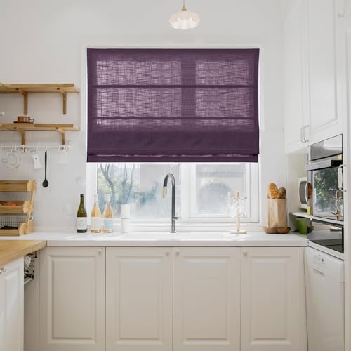 Image of TWOPAGES Liz No Drill Cordless Roman Shades Linen Textured Roman Blinds for Windows, Custom Made Room Darkening Blackout Roman Window Shades, Hardware Included, Plum, 1 Piece