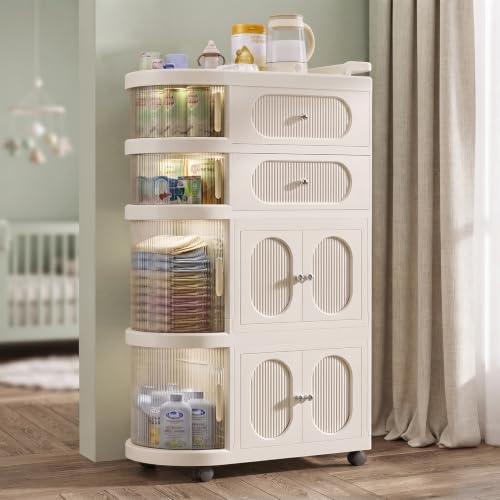 Image of StarAndDaisy Baby Storage Trolley with Wheels, 4-Tier Plastic Nursery Organizer with Drawers, Multipurpose Storage Rack for Baby Essentials, Diapers, Clothes, Toys (Transparent, Storage Cart)