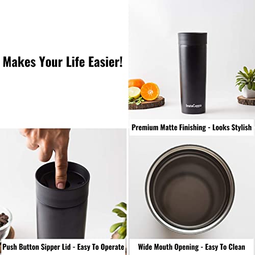 Image of InstaCuppa Vacuum Insulated Coffee, Tea Thermosteel Travel Mug 470 ML, Includes 2 Unique Lids, Stainless Steel Filter Unit, Powder Coated Matte Finishing, Green