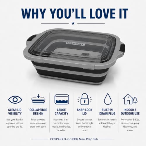COSPARX XL 3-in-1 Collapsible BBQ Prep Tub with Clear Lid and Drain Plug - Image 8