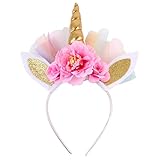 Cuerno de unicornio, orejas de purpurina con diadema de flores. Un hermoso peinado para hacer que las chicas sean más bellas y atractivas.