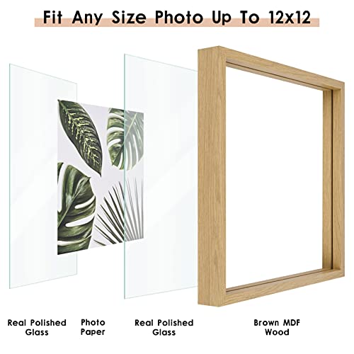 Muye 12X12 Floating Frame Set Of 2,Double Glass Rustic Square Photo Frame,Display Any Size Photo Up To 12X12,Wall Mount Or Tabletop Standing Natural #TOP3