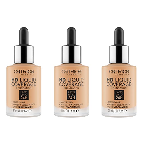 Catrice HD Liquid Coverage Foundation, Make Up, Nr. 034 Medium Beige, Nude, para pieles mixtas, de larga duración, mate, vegano, sin aceite, resistente al agua, 3 unidades (3 x 30 ml)
