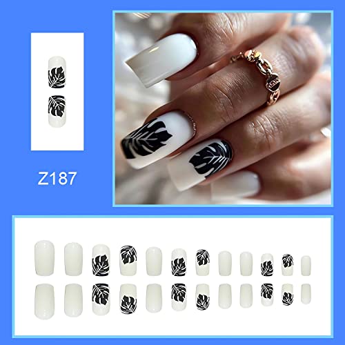 Black White Press On Nails Square Fake Nails Medium Acrylic Leaf Glossy False Nails With Designs Artificial Full Cover Glue On Nails Stick On Nails For Women Girls Nail Decorations 24Pcs #TOP1