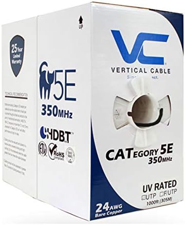 Vertical Cable Cat5e, 350 Mhz, UTP, UV Jacket, Outdoor, CMX, 1000ft, Bulk Ethernet Cable, Black