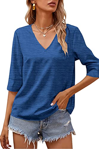 Grlasen Women's Fashion Half Sleeve V-Neck T-Shirt Solid Loose Basic top A-Blue