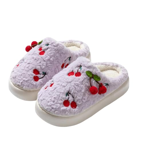 Gaolinci Cherry Cotton Slippers for Women, Wool-Like Winter Warm Slippers - Main Image