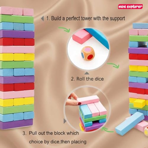 Image of MiniExplorer Toys & Games Tumbling Tower Game for Kids and Adults, Wooden Blocks with Dices Game|Stacking Game Challenging Maths Game