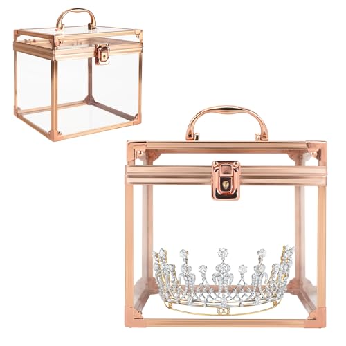 Donghome Crown Box 7.9 x 6.7 x 7.5inch Clear Makeup Case Cosmetic Organizer Large Capacity Transparent Acrylic Artists Display Case for Vanity Bathroom Counter or Dresser (Rose Gold)