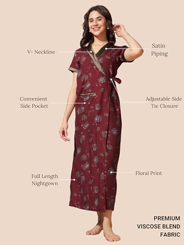 Image of 9shines Label Stylish Cotton Nighty Robe for Women | Front Open Floral Housecoat | Wrap Nighty with Pocket | Adjustable Waist Tie | Plus Size housecoat (HC-2026)
