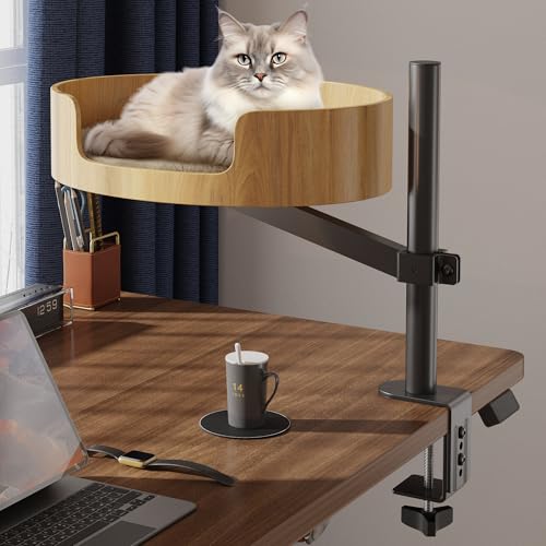 Cat Desk Bed – Cat Bed for Indoor Cats with Adjustable Height&360° Rotation, Elevated Desk Nest Cat Bed for Table, Desktop Cat Bed for Small Space, Wooden Cat Bed Desktop Kitten Furniture