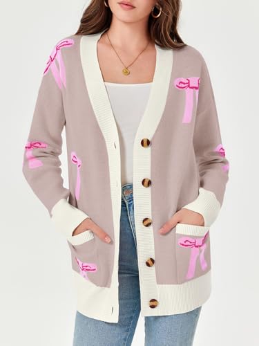 Saodimallsu Womens Oversized Cardigan Sweaters Bow Printed Button V Neck Long Sleeve Loose Knit Fall Trendy Coats3