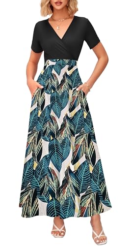 Image of WNEEDU Women's Summer Maxi Dress Short Sleeves Wrap V Neck Long Dresses with Pockets