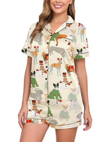 Image of Veseacky Women Satin Pajamas Set 2 Piece Button Down Short Sleeve Soft Sleepwear with Pockets