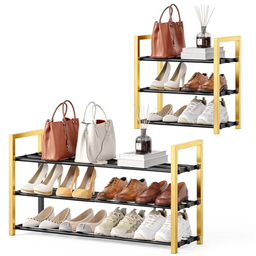 Roylvan 3 Tier Space Saving Non-Slip Shoe Rack, Heavy Duty Reinforced Metal Shoes Organzier, Stackable Shoe Shelf, Black Gold