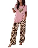 CHICME Womens Pajamas Sets 2 Piece Short Sleeve Lounge Set Printed Loose Pants Pj Sets Loungewear Set Leopard Pink-XL