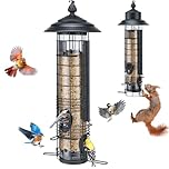 Kingsyard Squirrel Proof Bird Feeder for Outside Hanging, All-Metal Tube Bird Feeder, 3LB Seed Capacity, Weight-Activated Closure, Easy Top-Fill, 4 Metal Ports & Perches, Backyard Garden, Black