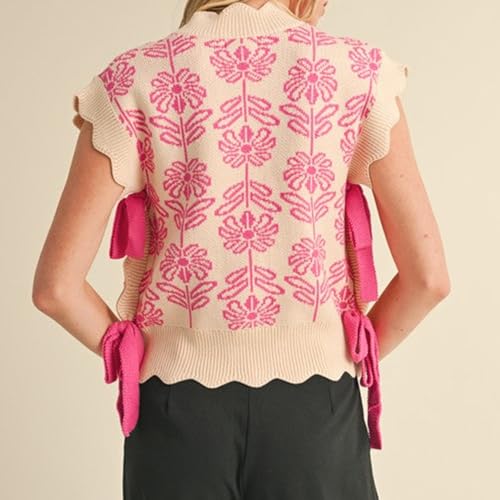 Image of Women Side Tie Sweater Vest Scallop Trim Mock Neck Knit Vest Bow Lace Up Ribbon Sweater Tank Top Knitwear