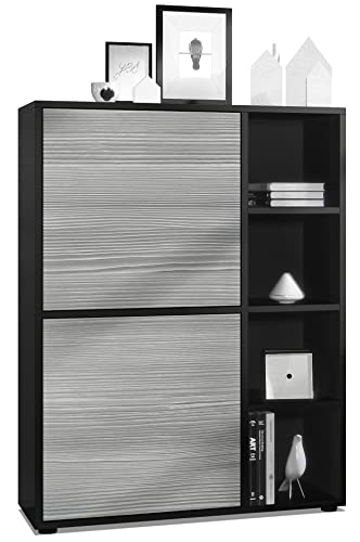Vladon Highboard Schrank Anrichte Cuba mit 8 Fächern, Made in Germany, Korpus in Schwarz matt/Fronten in Avola-Anthrazit