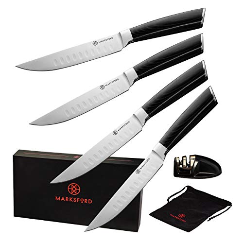 Marksford Steak Knives Set of 4 Extremely Sharp 5 Inch Non Serrated Quality German Stainless Steel Steak Knife Set, Guaranteed To Not Rust, Stunning Packaging With Sharpener Makes The Perfect Gift