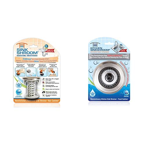 SinkShroom Revolutionary Bathroom Sink Drain Protector Hair Catcher, Strainer, Snare, Nickel Edition & kShroom Revolutionary Clog-Free Stainless Steel Sink Strainer, Black