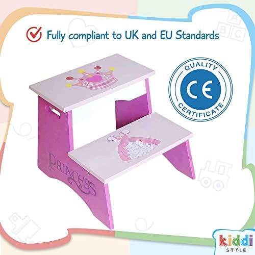 Kiddi Style Toddler Step Stool - 2-Step Wooden Stool for Children - Princess Themed Step Stool for Kids - Sturdy Toddler Steps for Bathroom, Kitchen or Playroom (Pink)