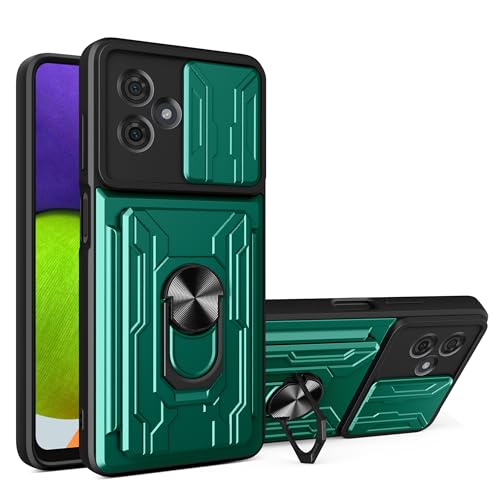 Case Compatible with Motorola Moto G54 5G Card Slot Slide Push Camera Protection Car Mount Magnetic Kickstand Shockproof 2 in 1 Green