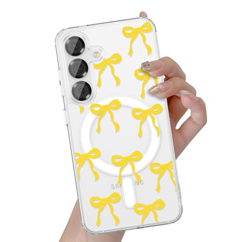 Image of UEEBAI Magnetic for Samsung Galaxy S26 Case, Bow Case Compatible with MagSafe, Wireless Slim Clear Ribbon Aesthetic Phone Cover Anti-Yellowing Shockproof Protective Cover for Women Girl - Yellow