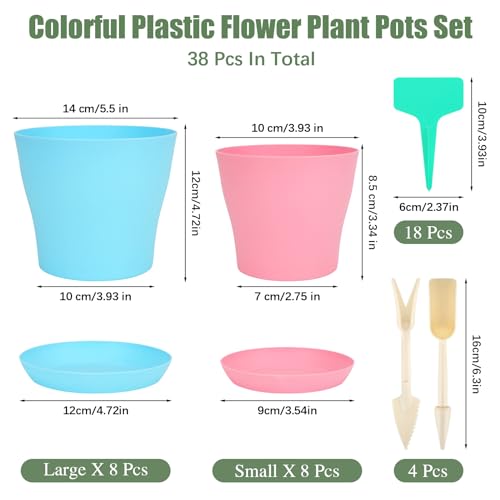RETON 38Pcs Colorful Plastic Plant Pots Set, Including 16Pcs 10/14 cm Indoor Plant Flower Pot with Tray - Image 2