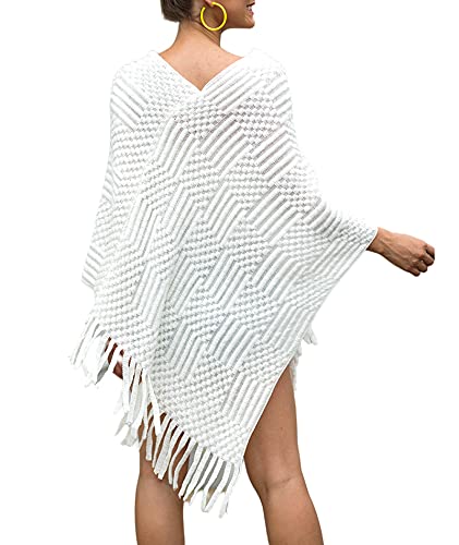 Image of xxxiticat Women's Tassel Poncho Scarf Batwing Sleeve Loose Fringe Hem Round Ball Cape Shawls Knitted Pullover Sweaters