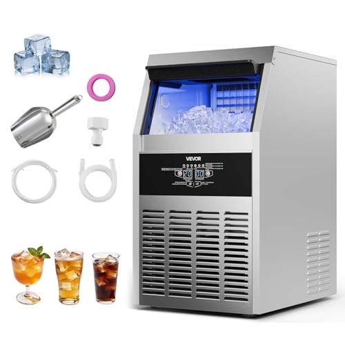 Image of VEVOR Commercial Ice Maker Machine, 130 lbs/24h with 30 lbs Storage Capacity, Built-in/Freestanding/Under Counter, Stainless Steel Ice Maker with LED Display & Self-Cleaning, for Home Bar Restaurant
