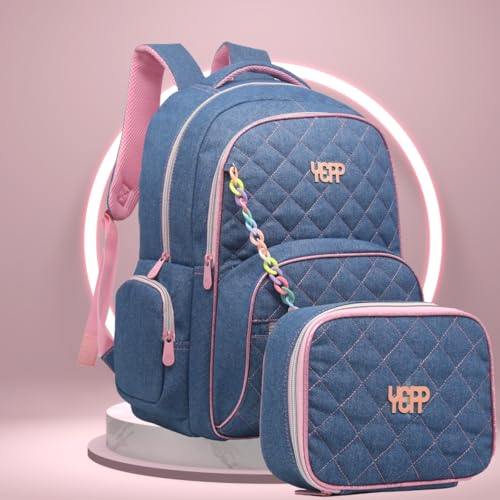 Kit Mochila Bolsa Moderna Estilosa e Estojo Juvenil Escolar Jeans Grande Trabalho Escola Linda Femin