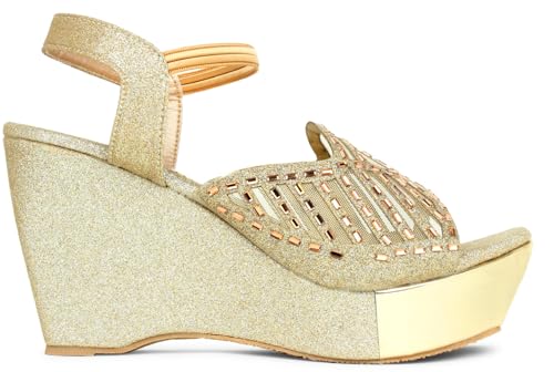 Image of Action Women's Glitter Platform Sandals| Block Heel|Cross-Strap Design with Ankle Strap| Bronze