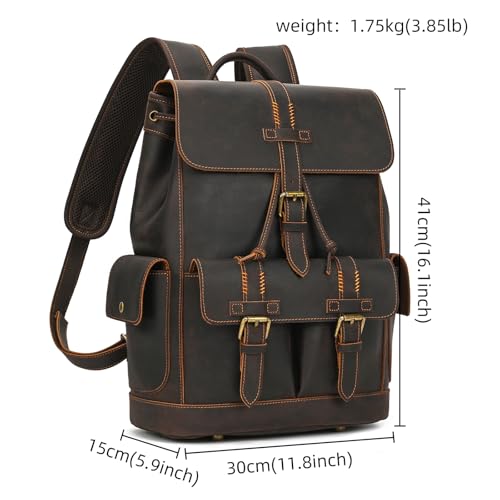 Genuine Leather Backpack for Men Casual Laptop Shoulder Bag Rucksack with Anti-Theft Pocket Travel Daypack, Dark Brown3