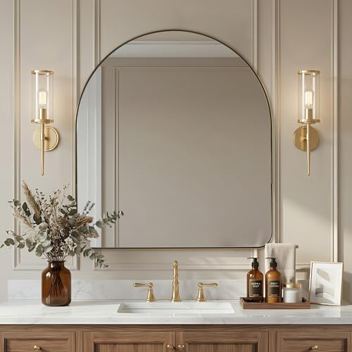 Image of ANDY STAR Arched Mirror, 36 x 40 Inch Brushed Gold Wall Mirror in Stainless Steel Metal Frame, Arch Top Rounded Corner 1 Inch Deep Set Design Wall Mount Hangs Vertical