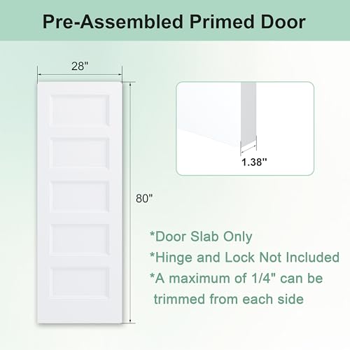 Image of JUBEST 28 inchx80 inch 5-Panel Shaker Style White Primed Hollow Core Interior Molded Door Slab, NOT Pre-drilled and NOT Included Hardware, Pre-Assembled Interior Door for Pantry, Laundry, Closet
