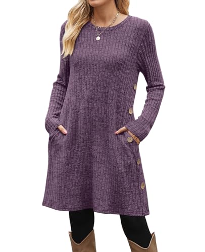 Image of OFEEFAN Long Sleeve Dress for Women Crew Neck Fall and Winter Tunic Dress with Pockets